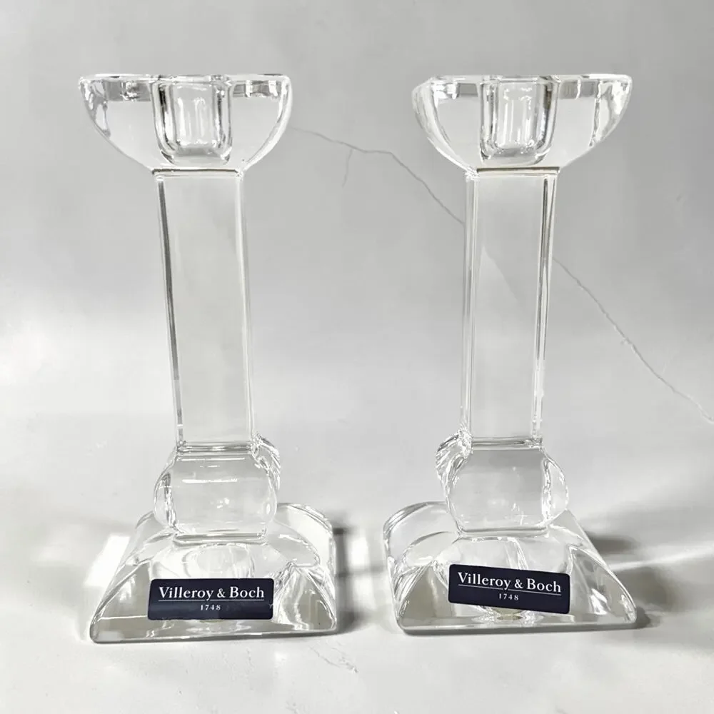 Vintage 2 VILLEROY & BOCH CRYSTAL CANDLESTICKS Square Design Made In Austria